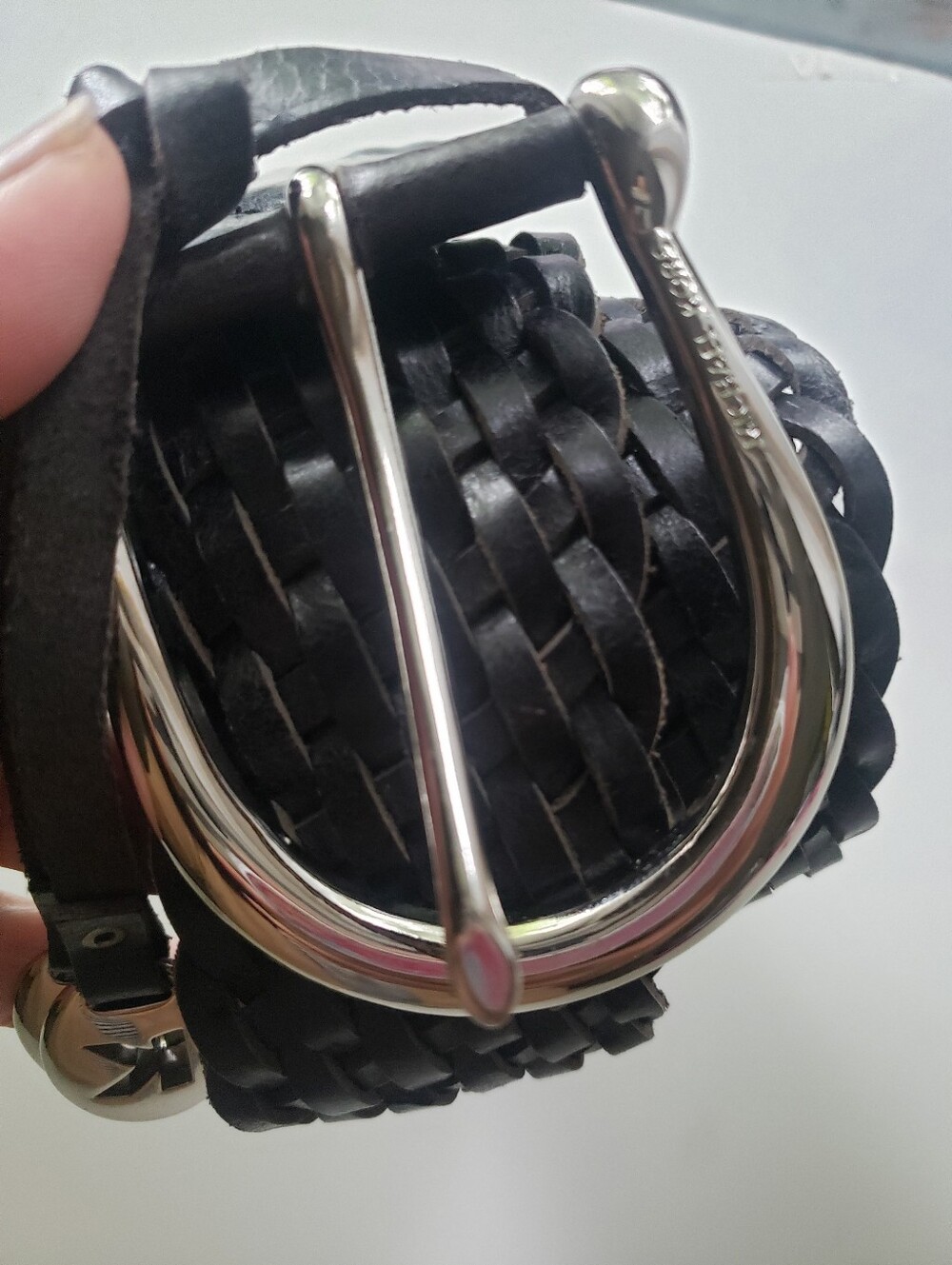 Michael Kors Women's Black Woven Leather Belt with Silver Buckle